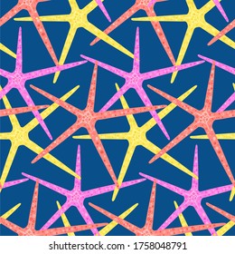 Seamless pattern with starfish on dark sea sand. starfish floating in the ocean, textile print for summer, modern interior sea wallpaper 2020