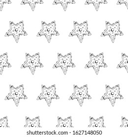 Seamless pattern starfish on white background in vector. Black and white art line. Sea background. Hand drawn vintage style. Black and white sketch.