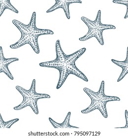 Seamless pattern starfish on white background, cartoon illustration of beach summer background. Vector. Vector