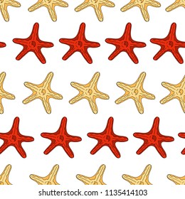 Seamless pattern starfish. Red and yellow starfish on a white background. Cartoon style wallpaper. Hand drawing. Vector illustration.