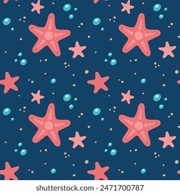 Patrón sin fisuras con estrellas de mar, arena, gotas de agua es en estilo doodle. Ilustración de niños de Vector. Diseño plano.