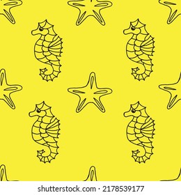 Seamless pattern with starfish and sea horse drawn with black marker on yellow paper. Summer background with starfish and sea horse. Vacation concept.