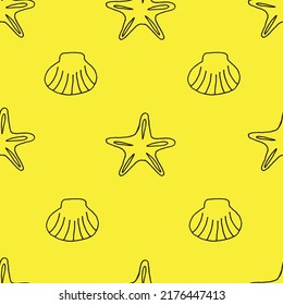 Seamless pattern with starfish and sea shell drawn with black marker on yellow paper. Summer background with starfish and seashells. Vacation concept.
