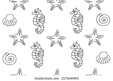 Seamless pattern with starfish, sea shell and sea horse drawn with black marker on white paper. Summer background with starfish, seashell and sea horse. Vacation concept.