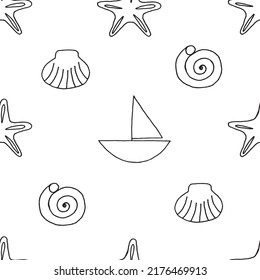 Seamless pattern with starfish, sea shell and yacht drawn with black marker on white paper. Summer background with starfish, seashell and vessel. Vacation concept.
