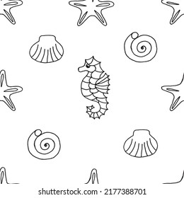 Seamless pattern with starfish, sea shell and sea horse drawn with black marker on white paper. Summer background with starfish, seashell and sea horse. Vacation concept.