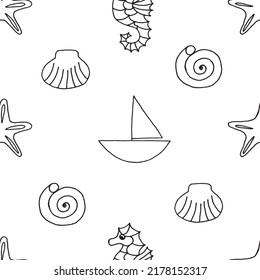 Seamless pattern with starfish, sea shell, yacht and sea horse drawn with black marker on white paper. Summer background with starfish, seashell, vessel and sea horse. Vacation concept.