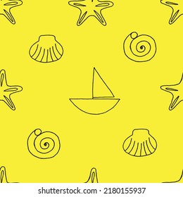 Seamless pattern with starfish, sea shell and yacht drawn with black marker on yellow paper. Summer background with starfish, seashell and vessel. Vacation concept.