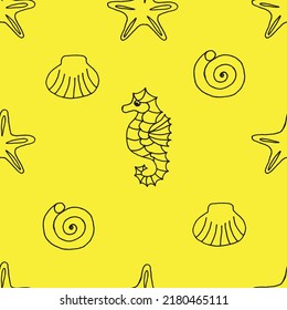 Seamless pattern with starfish, sea shell and sea horse drawn with black marker on yellow paper. Summer background with starfish, seashell and sea horse. Vacation concept.