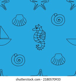 Seamless pattern with starfish, sea shell, yacht and sea horse drawn with black marker on blue paper. Summer background with starfish, seashell, vessel and sea horse. Vacation concept.