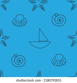 Seamless pattern with starfish, sea shell and yacht drawn with black marker on blue paper. Summer background with starfish, seashell and vessel. Vacation concept.