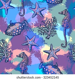 Seamless pattern with starfish, seahorse, coral and fish. Hand drawn marine endless background.