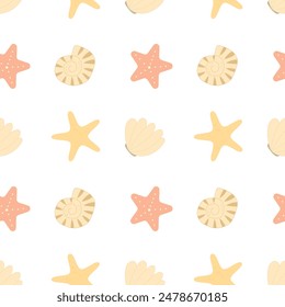 Seamless pattern with starfish and seashells. Marine flora and fauna, underwater life. Vector flat background. Perfect for wrapping, fabric and textile. 