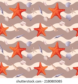 Seamless pattern with starfish and seashells with a wavy pattern. Cute children's pattern for gift paper, fabric, wallpaper