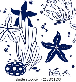 Seamless pattern with starfish and seaweed.