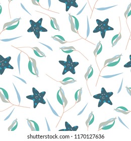 Seamless pattern with starfish and seaweed on white background as fabric, textile, clothes. Vector illustration