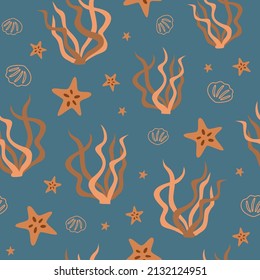 Seamless pattern with starfish and seaweed on dark blue background. Sea digital background with vector hand drawn elements. Seamless pattern for kids fabric, textile and scrapbook paper.