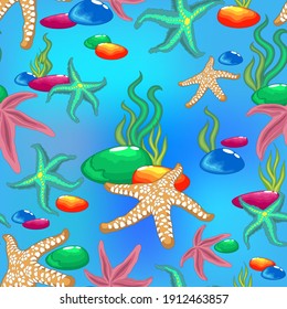 seamless pattern with starfish, seaweed and underwater stones on a blue background