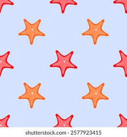 Seamless pattern with starfish in shades of red and orange on a light blue background. A perfect summer-inspired marine design for fabrics, wallpapers, packaging, and beach-themed projects.