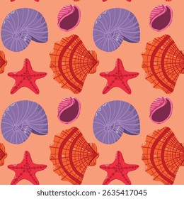 Seamless Pattern with Starfish and Shell Illustrations in Vibrant Hues. Seamless pattern of vibrant seashells and starfish against a soft background, perfect for summer or ocean-themed designs, decor