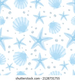 Seamless pattern with starfish and shells and air bubbles. Cartoon vector graphics.