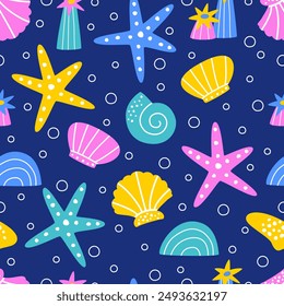 Seamless pattern with starfish and shells. Children's print on textiles, baby shower, wallpaper. Vector illustration