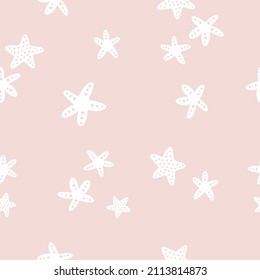 Seamless pattern with starfish silhouette on pink background. Hand drawn ocean stars. Vector illustration design for package, wrapping paper, banner and wallpaper.