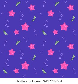 Seamless pattern with starfish and underwater doodles. Cute cartoon ocean background. Simple vector illustration.