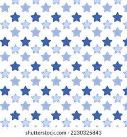 Seamless Pattern of Starfish in various Shades of blue. Design for pillow, shower curtains, textile. Stationary, print. Illustration on white background. Flat design. 