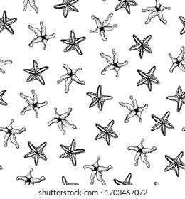 Seamless pattern with starfish. Vector illustration with sea stars. Printing on paper, Wallpaper, and fabrics. Seamless pattern for summer design. Underwater world of wild nature. Summer print.