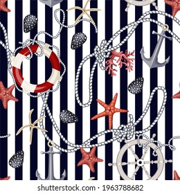 Seamless pattern with starfishes, anchors, shells and lifebuoys. Vector