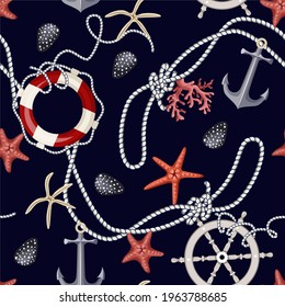 Seamless pattern with starfishes, anchors, shells and lifebuoys. Vector