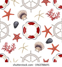 Seamless pattern with starfishes, anchors, shells and lifebuoys. Vector