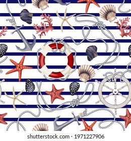 Seamless pattern with starfishes, anchors, shells and lifebuoys. Vector