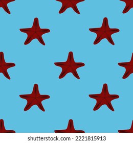Seamless pattern with starfishes. Beautiful red coral star on blue background. Summer print with tropical sea animal for wallpaper.