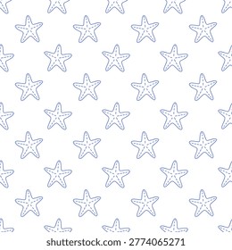 Seamless pattern with starfishes in blue line style on white background. Outline coastal print.