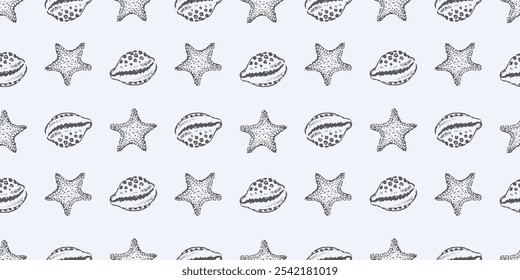 Seamless pattern of starfishes and seashells sketches, vector background, wallpaper, paper, wrapper, textile, fabric
