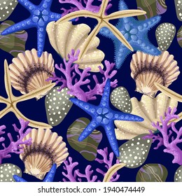 Seamless pattern with starfishes, shells and coral. Vector trendy print