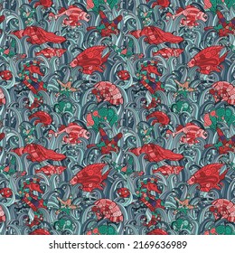 Seamless pattern with starfishes, shells and coral. Vector trendy colors print