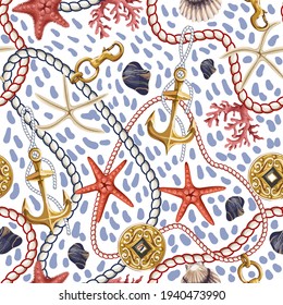 Seamless pattern with starfishes, shells and rope. Vector trendy print