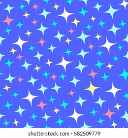 Seamless pattern with starlight sparkles, twinkling stars. Shining blue background.  Illustration of night starry sky. Cartoon style. Good for wrapping paper or festive design for kids holidays.