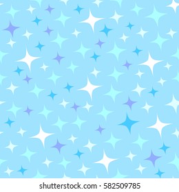 Seamless pattern with starlight sparkles, twinkling stars. Shiny blue background. Cartoon style. Good for wrapping paper or festive design for kids holidays.