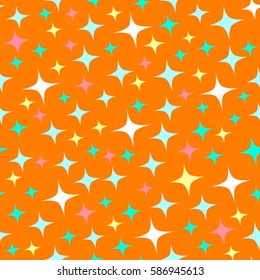 Seamless pattern with starlight sparkles, twinkling stars. Shining orange background. Abstract luster, chic backdrop. Cartoon style. Good for wrapping paper or festive design for kids holidays.
