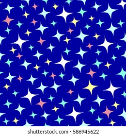 Seamless pattern with starlight sparkles, twinkling stars. Shining dark blue background. Illustration of night starry sky. Cartoon style. Good for wrapping paper or festive design for kids holidays.