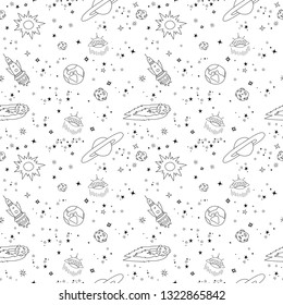 Seamless pattern with starry night sky, planets, spaceships, comets. Space background in black and white colors