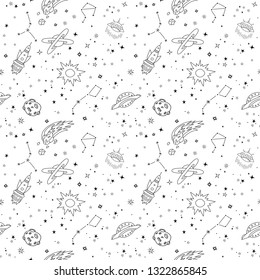 Seamless pattern with starry night sky, planets, spaceships, comets. Space background in black and white colors