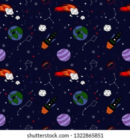 Seamless pattern with starry night sky, planets, spaceships, comets. Space background in bright colors