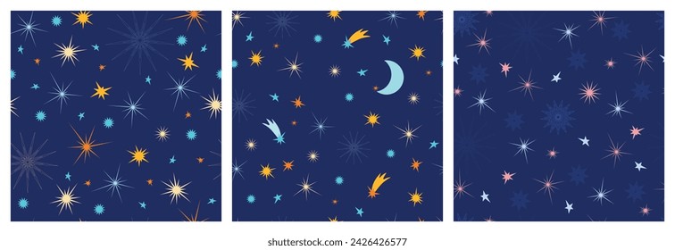 Seamless pattern with starry night sky. Each pattern is isolated. Cute seamless print for slepping clothes, children's room interior desigh, linen or other. Vector illustration. Set. Not AI created.