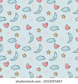 Seamless pattern, starry sky, blue background, stars, clouds, moon for children's rooms, textiles.