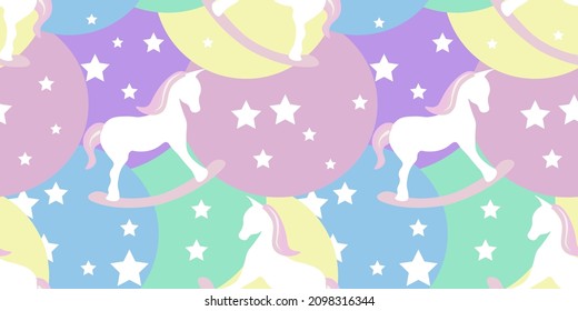 Seamless pattern, starry sky, clouds, rocking horse. Ideal for baby fabrics, pajamas, packaging. Vector illustration